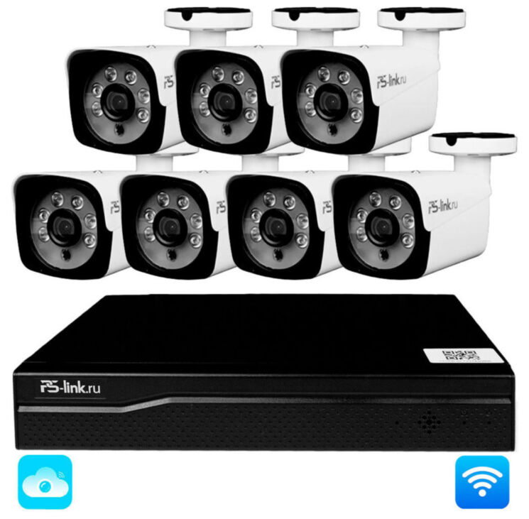 Комплект видеонаблюдения WIFI 3Мп KIT-W307TB беспроводной, 7 камер для улицы, удаленный доступ