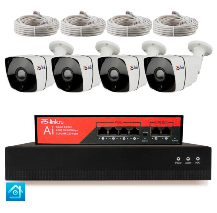 Комплект видеонаблюдения IP 8Мп KIT-C804IP-PL 4 камеры для улицы, программный датчик движения, удаленный доступ, ночное видение