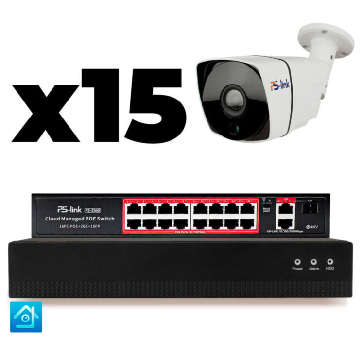 Комплект видеонаблюдения IP 2Мп KIT-C215IP-PL 15 камер для улицы, программный датчик движения, удаленный доступ, ночное видение, умный коммутатор